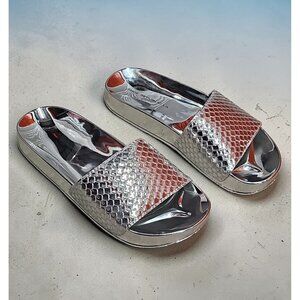 Metallic Silver Open-Toe Slide Sandals With Textured Upper & Clear Rubber Soles